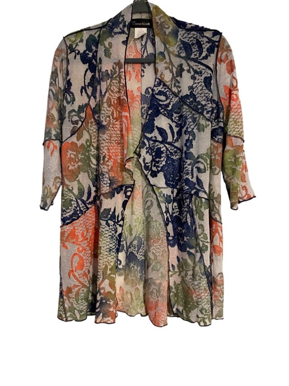 Creation Women's S Multicolor Floral Open-Front Cardigan 3/4 Sleeves Bohemian